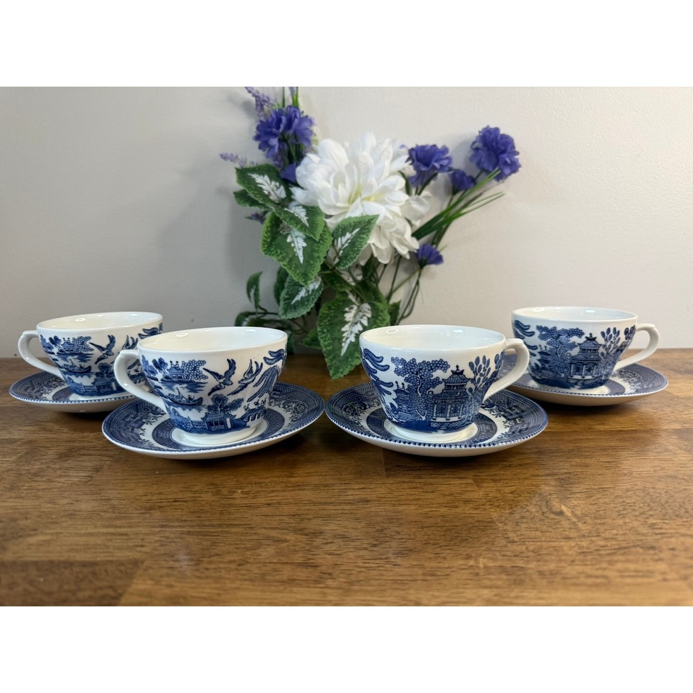Vintage Churchill Blue Willow Teacup Saucer England Blue White Farmhouse Tea Set